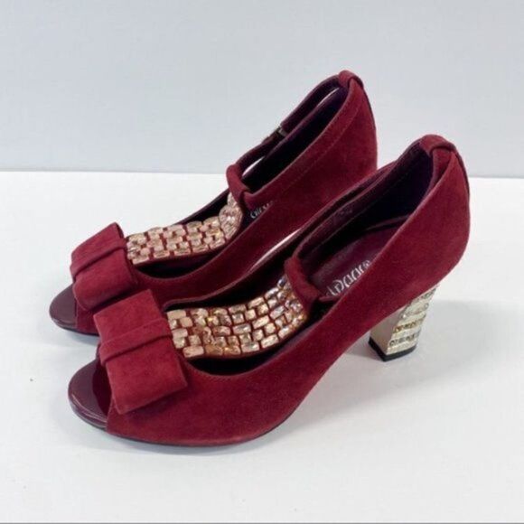 Margaret Pumps Wine Colr Bow Peep Toe Suede Look Holiday Wear to Work Chunky - Picture 3 of 8